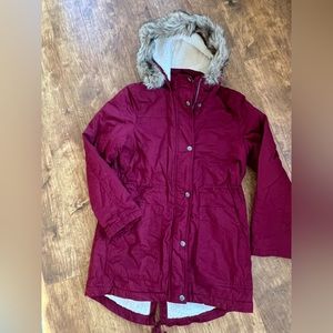 Burgundy Faux Fur Hoodie Sherpa Lined Parka Jacket women size S 4/6,girl size 16